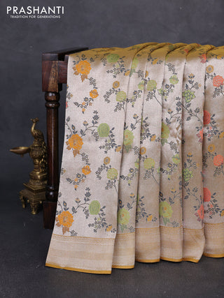 Banarasi raw silk saree mustard yellow with allover silver zari woven paithani weaves and zari woven border