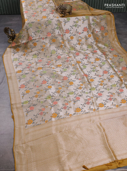 Banarasi raw silk saree mustard yellow with allover silver zari woven paithani weaves and zari woven border