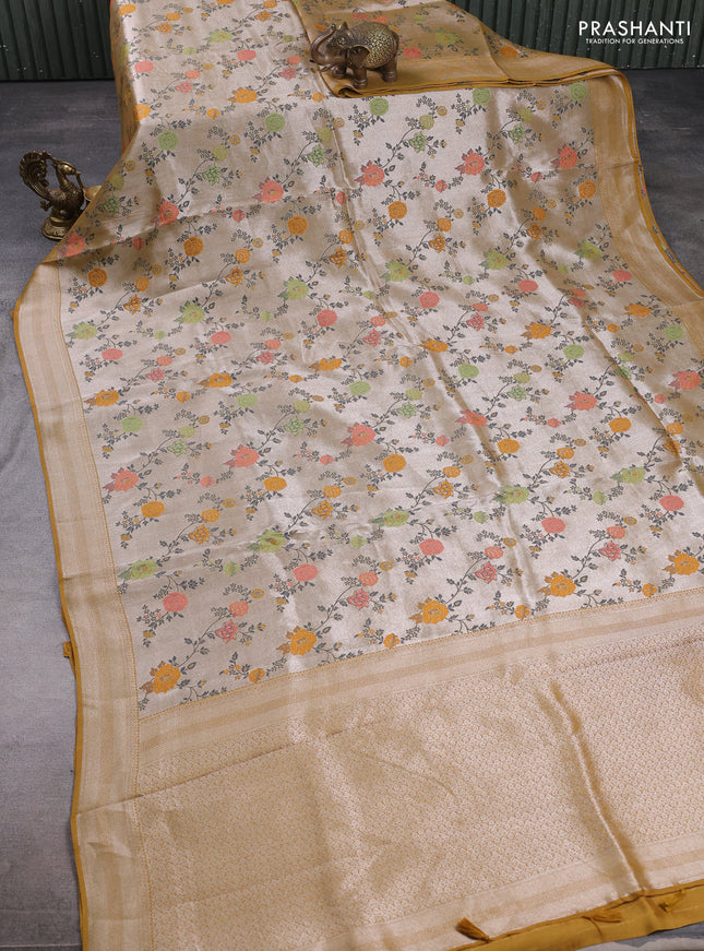 Banarasi raw silk saree mustard yellow with allover silver zari woven paithani weaves and zari woven border