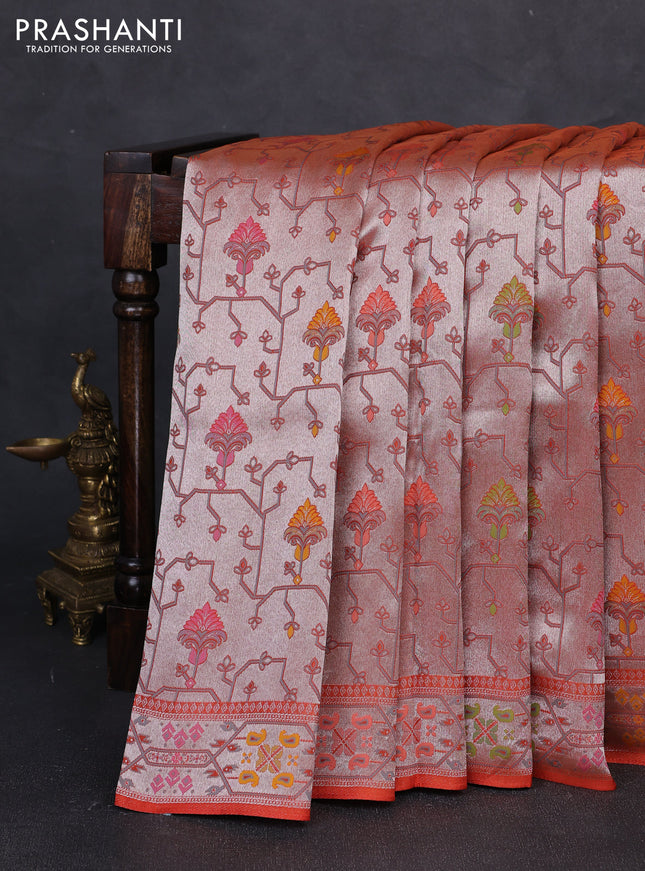 Banarasi raw silk saree orange with allover silver zari woven paithani weaves and paithani style border