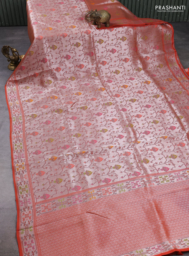 Banarasi raw silk saree orange with allover silver zari woven paithani weaves and paithani style border
