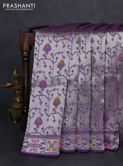 Banarasi raw silk saree violet with allover silver zari woven paithani weaves and paithani style border