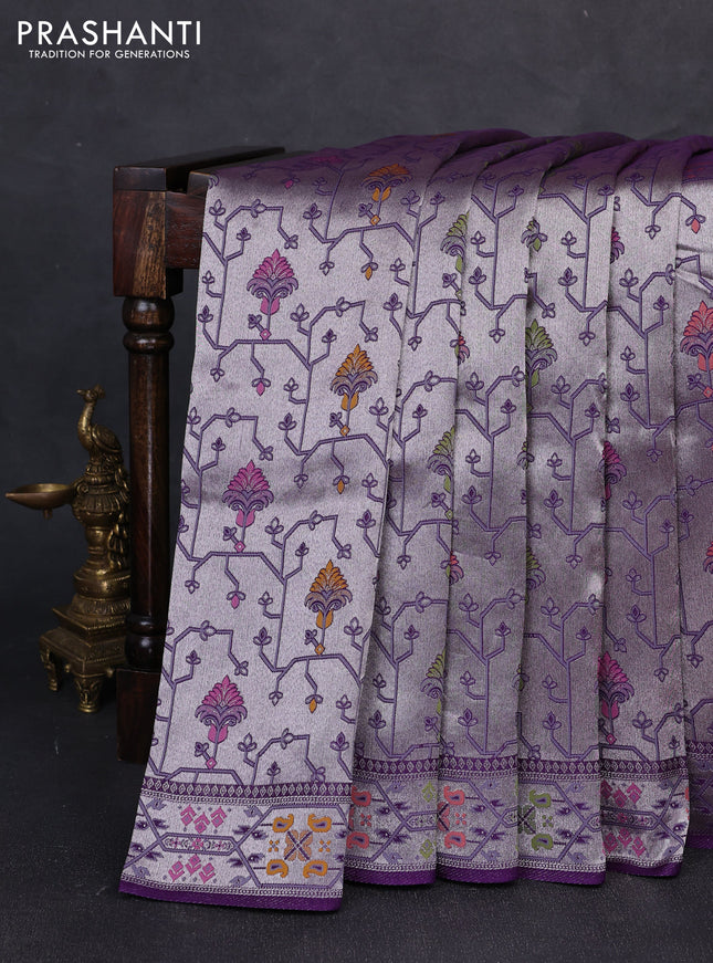 Banarasi raw silk saree violet with allover silver zari woven paithani weaves and paithani style border