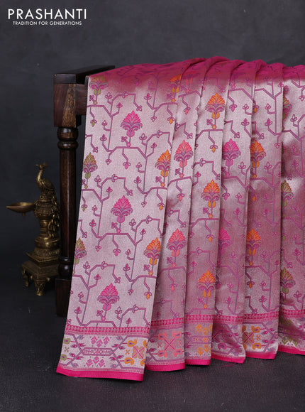 Banarasi raw silk saree pink with allover silver zari woven paithani weaves and paithani style border