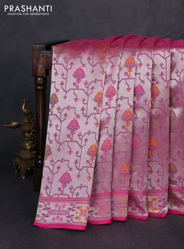 Banarasi raw silk saree pink with allover silver zari woven paithani weaves and paithani style border