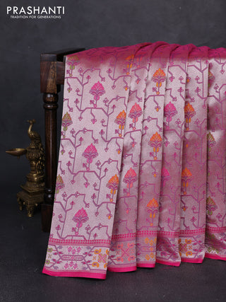 Banarasi raw silk saree pink with allover silver zari woven paithani weaves and paithani style border