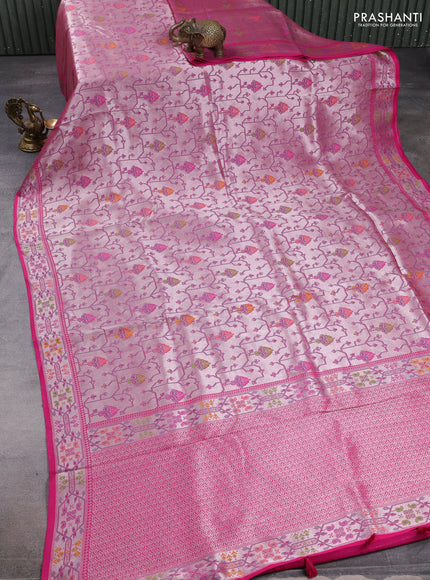 Banarasi raw silk saree pink with allover silver zari woven paithani weaves and paithani style border