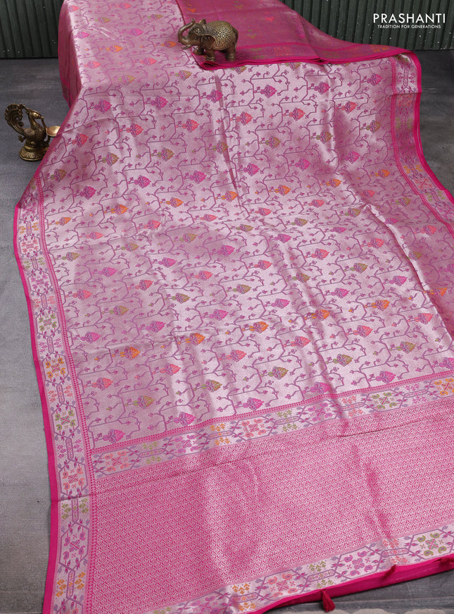Banarasi raw silk saree pink with allover silver zari woven paithani weaves and paithani style border