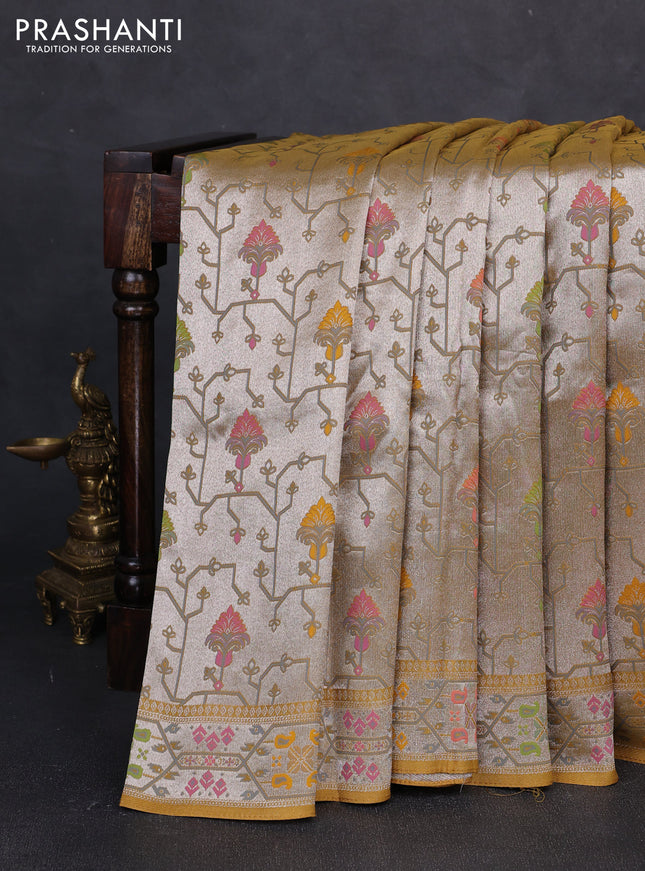 Banarasi raw silk saree mustard yellow with allover silver zari woven paithani weaves and paithani style border