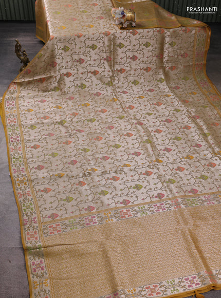 Banarasi raw silk saree mustard yellow with allover silver zari woven paithani weaves and paithani style border