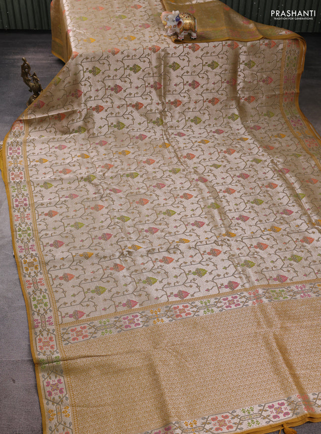 Banarasi raw silk saree mustard yellow with allover silver zari woven paithani weaves and paithani style border