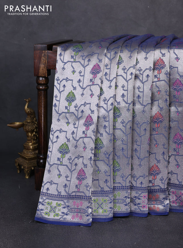 Banarasi raw silk saree navy blue with allover silver zari woven paithani weaves and paithani style border