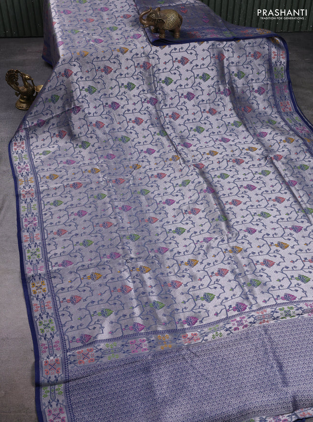 Banarasi raw silk saree navy blue with allover silver zari woven paithani weaves and paithani style border