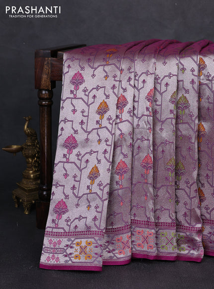 Banarasi raw silk saree purple with allover silver zari woven paithani weaves and paithani style border