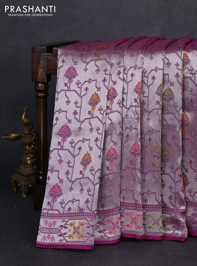 Banarasi raw silk saree purple with allover silver zari woven paithani weaves and paithani style border