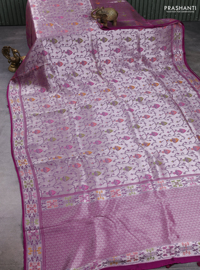 Banarasi raw silk saree purple with allover silver zari woven paithani weaves and paithani style border