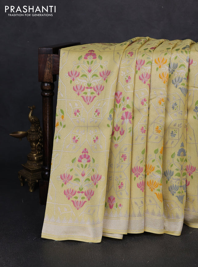 Banarasi raw silk saree pale yellow with allover silver zari woven paithani weaves and zari woven border