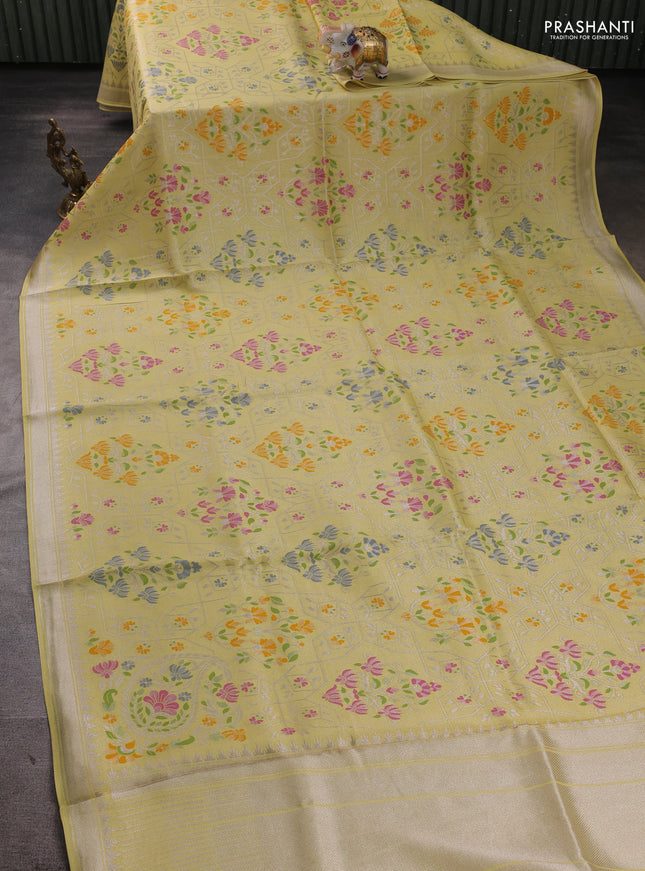 Banarasi raw silk saree pale yellow with allover silver zari woven paithani weaves and zari woven border