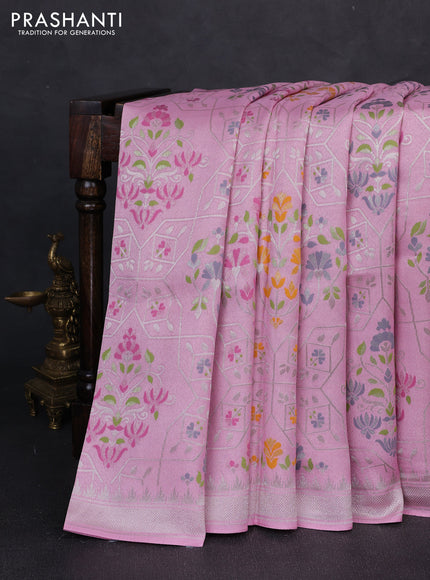 Banarasi raw silk saree light pink with allover silver zari woven paithani weaves and zari woven border
