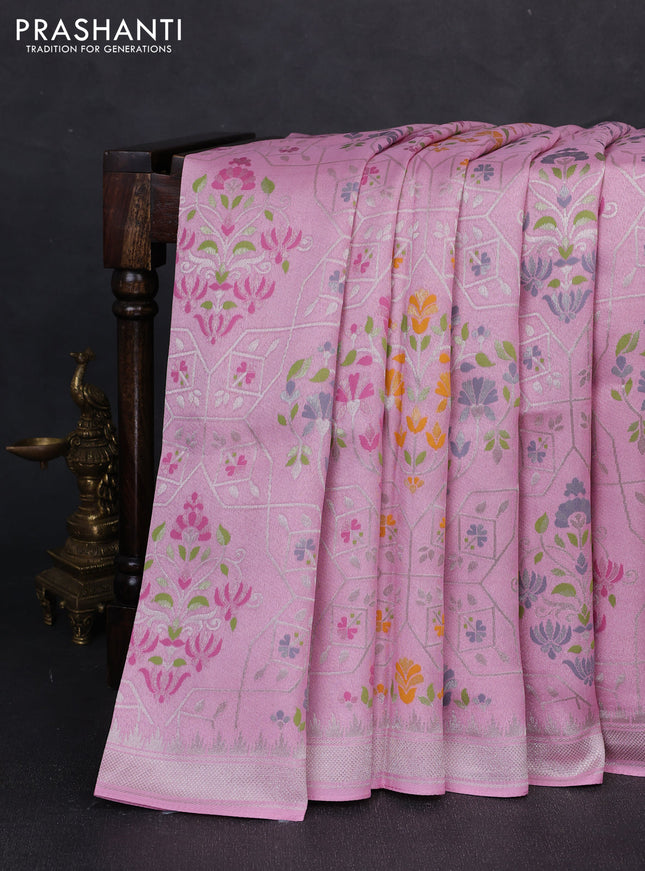 Banarasi raw silk saree light pink with allover silver zari woven paithani weaves and zari woven border