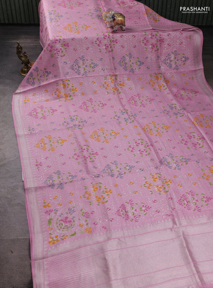 Banarasi raw silk saree light pink with allover silver zari woven paithani weaves and zari woven border