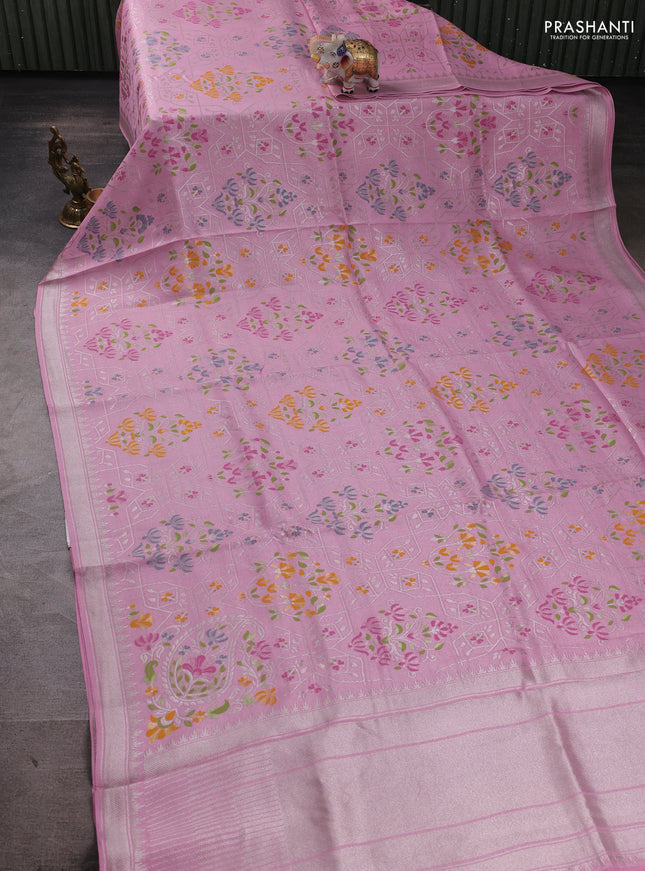 Banarasi raw silk saree light pink with allover silver zari woven paithani weaves and zari woven border