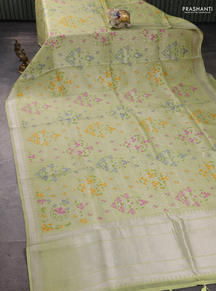 Banarasi raw silk saree light green with allover silver zari woven paithani weaves and zari woven border