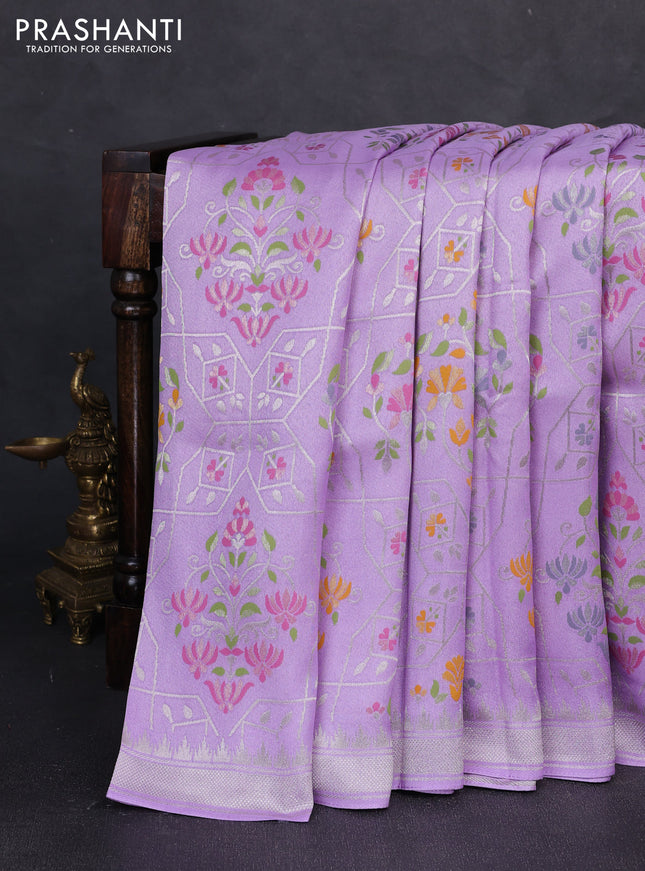 Banarasi raw silk saree lavender with allover silver zari woven paithani weaves and zari woven border