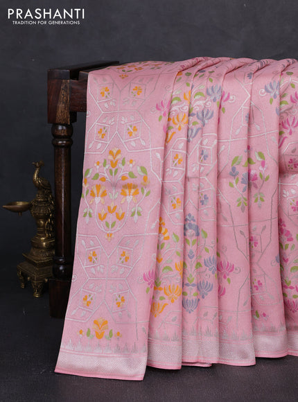 Banarasi raw silk saree peach pink with allover silver zari woven paithani weaves and zari woven border