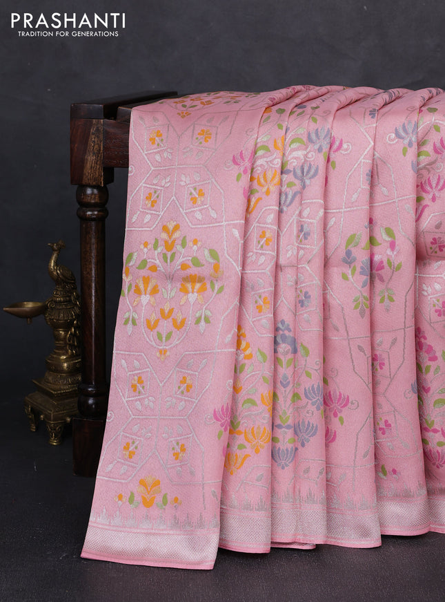 Banarasi raw silk saree peach pink with allover silver zari woven paithani weaves and zari woven border