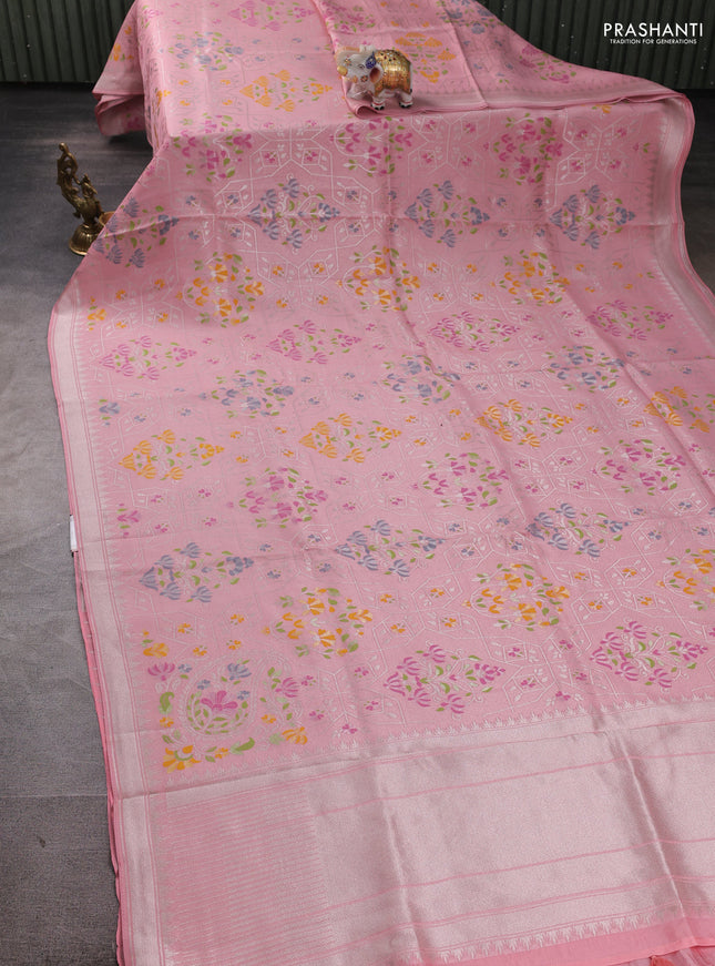 Banarasi raw silk saree peach pink with allover silver zari woven paithani weaves and zari woven border