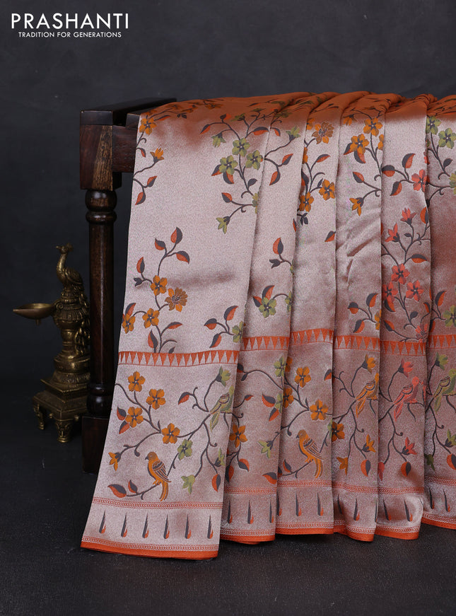 Banarasi raw silk saree orange with allover silver zari woven paithani weaves and paithani style border