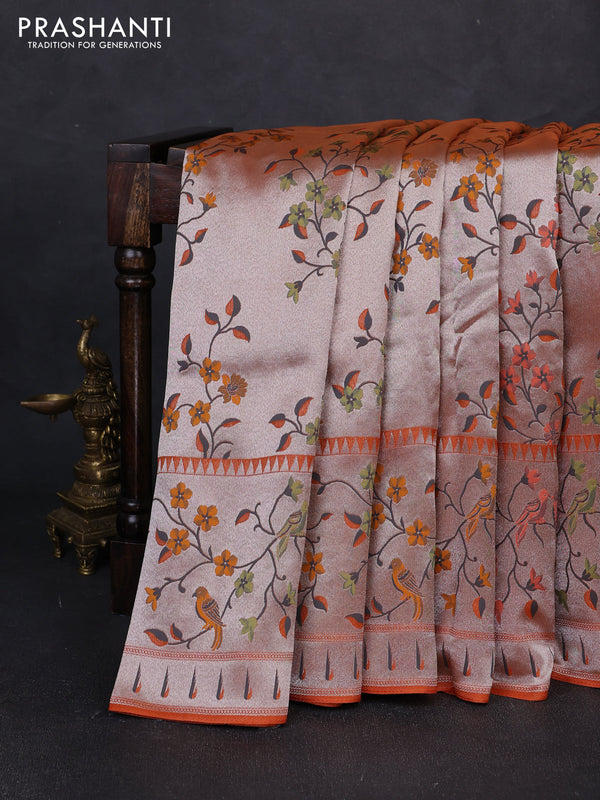 Banarasi raw silk saree orange with allover silver zari woven paithani weaves and paithani style border