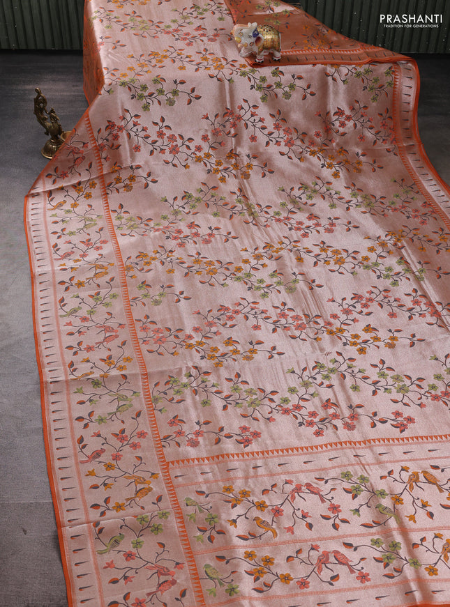 Banarasi raw silk saree orange with allover silver zari woven paithani weaves and paithani style border