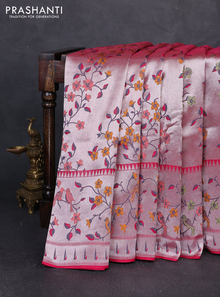 Banarasi raw silk saree pink with allover silver zari woven paithani weaves and paithani style border