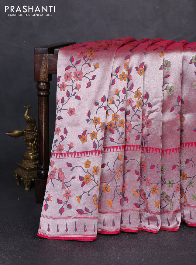Banarasi raw silk saree pink with allover silver zari woven paithani weaves and paithani style border