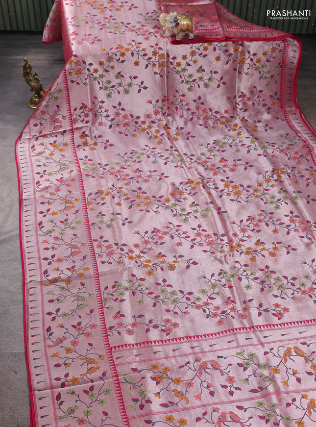 Banarasi raw silk saree pink with allover silver zari woven paithani weaves and paithani style border
