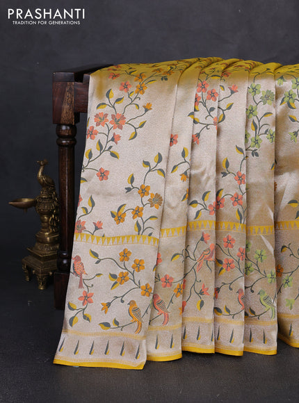 Banarasi raw silk saree yellow with allover silver zari woven paithani weaves and paithani style border