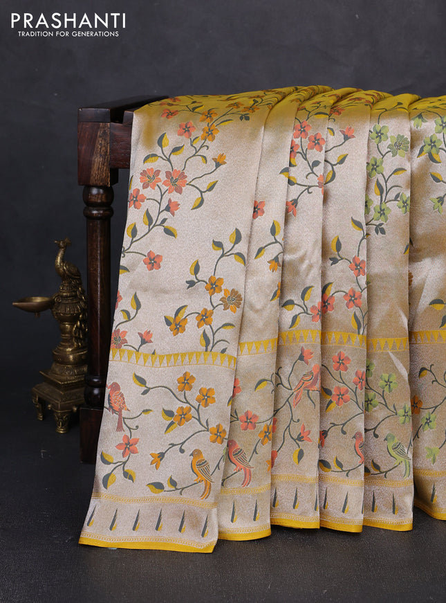Banarasi raw silk saree yellow with allover silver zari woven paithani weaves and paithani style border