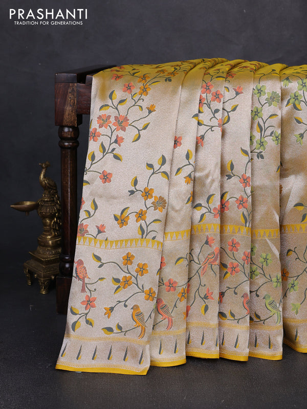 Banarasi raw silk saree yellow with allover silver zari woven paithani weaves and paithani style border