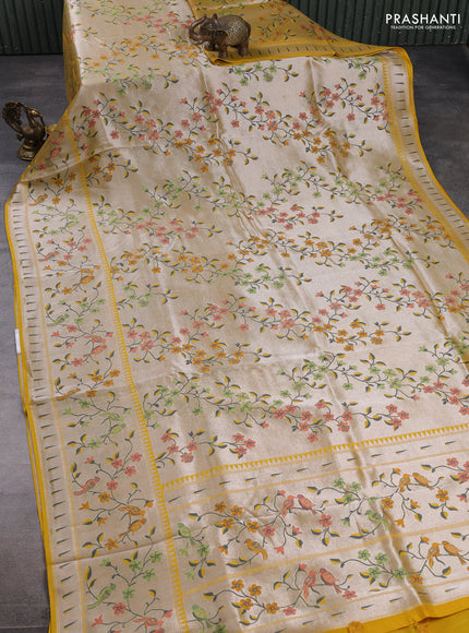 Banarasi raw silk saree yellow with allover silver zari woven paithani weaves and paithani style border