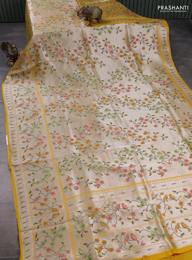 Banarasi raw silk saree yellow with allover silver zari woven paithani weaves and paithani style border