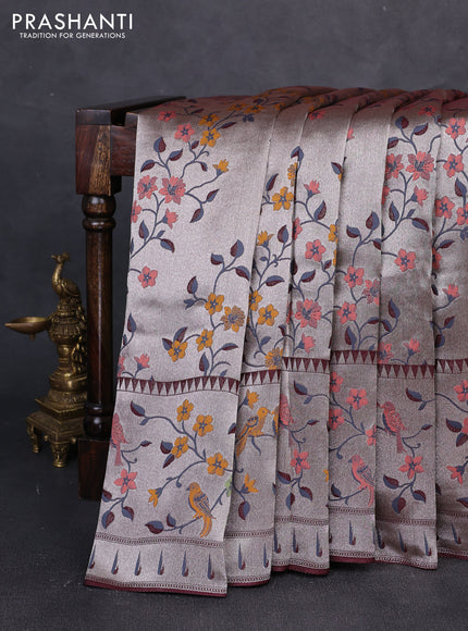 Banarasi raw silk saree coffee brown with allover silver zari woven paithani weaves and paithani style border