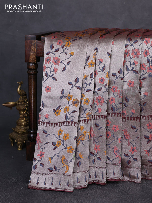 Banarasi raw silk saree coffee brown with allover silver zari woven paithani weaves and paithani style border