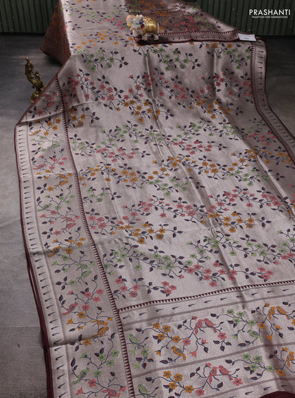 Banarasi raw silk saree coffee brown with allover silver zari woven paithani weaves and paithani style border