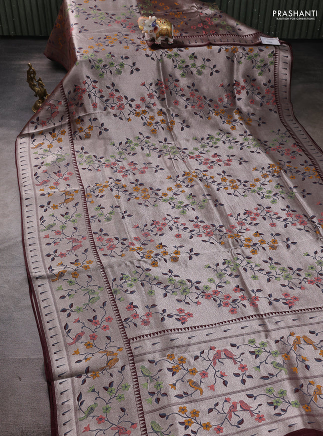 Banarasi raw silk saree coffee brown with allover silver zari woven paithani weaves and paithani style border