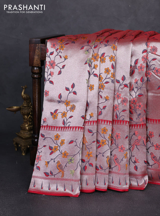 Banarasi raw silk saree red with allover silver zari woven paithani weaves and paithani style border