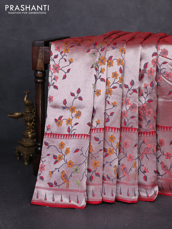 Banarasi raw silk saree red with allover silver zari woven paithani weaves and paithani style border