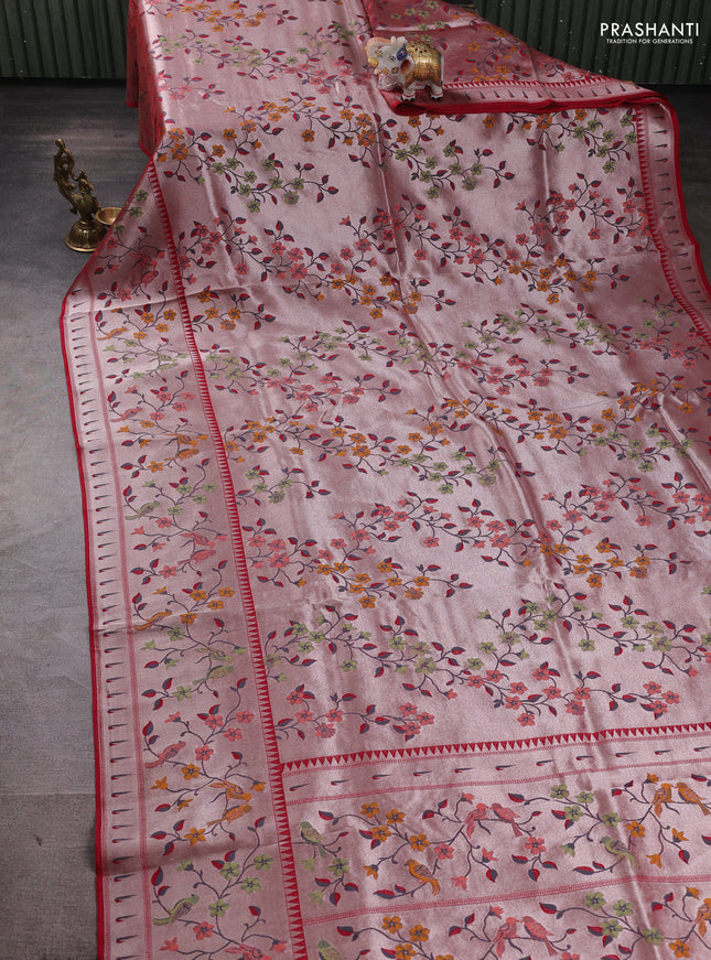 Banarasi raw silk saree red with allover silver zari woven paithani weaves and paithani style border