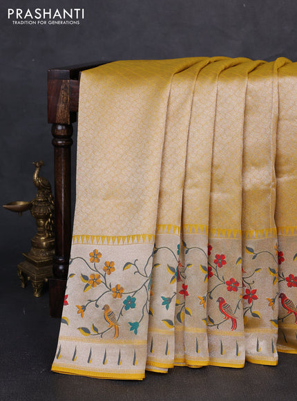 Banarasi raw silk saree mustard yellow with allover silver zari woven brocade weaves and paithani style border